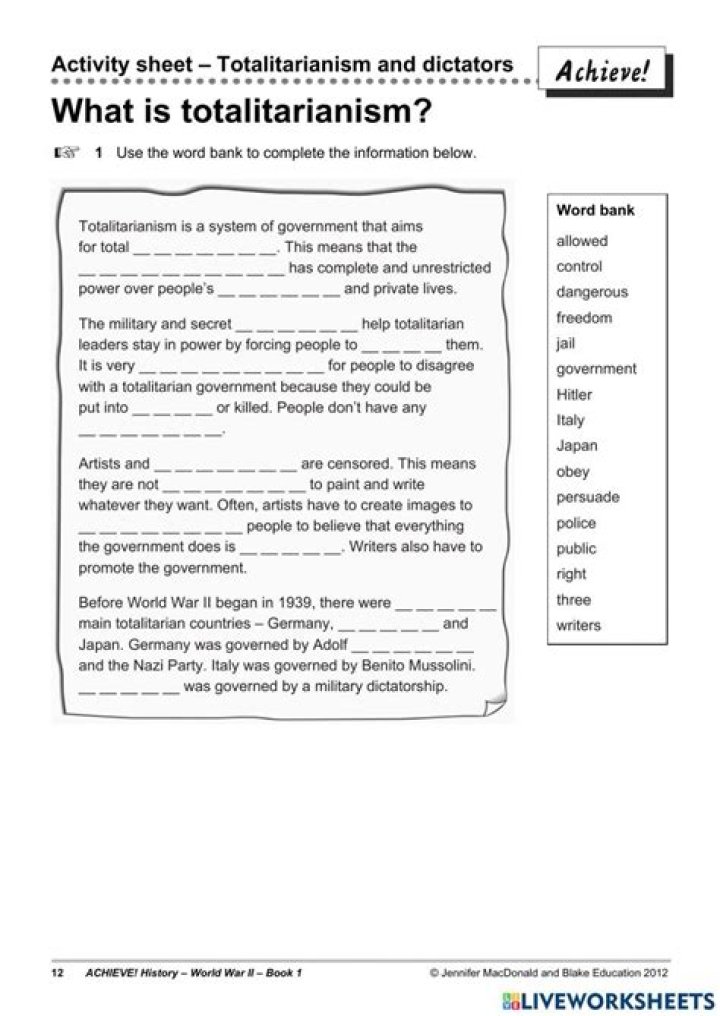Totalitarianism Worksheet PDF – Analyze Historical & Modern Dictatorship Systems