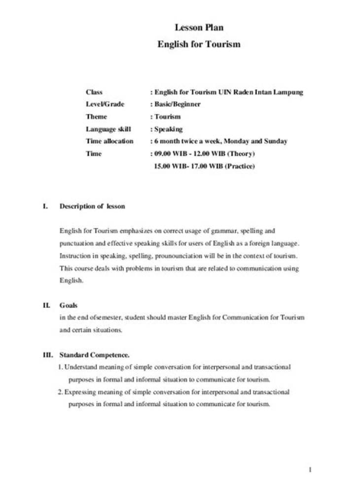 Download Free Tourism Lesson Plan PDF for Educators