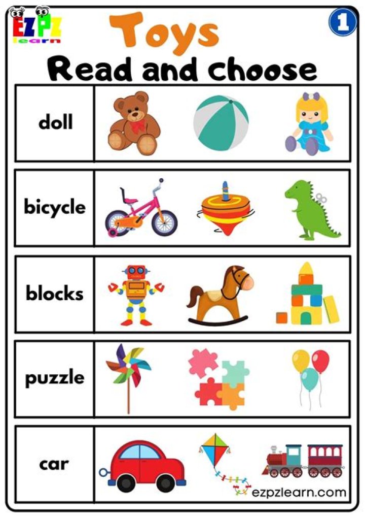 Printable Toys Worksheet PDF for Kids