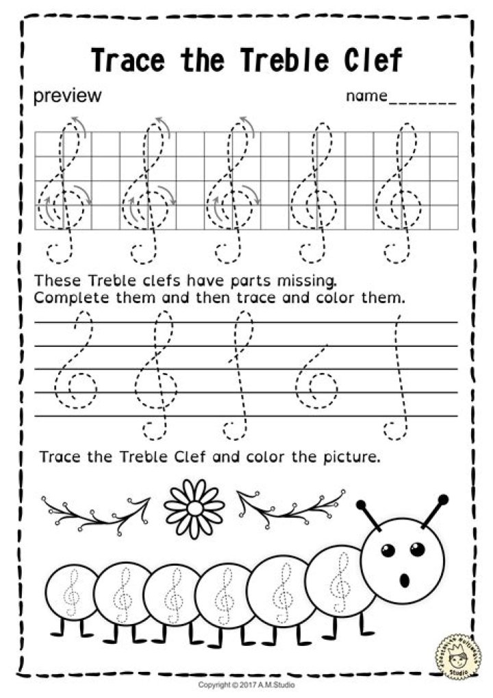 Free Trace Treble Clef Worksheet PDF for Music Students