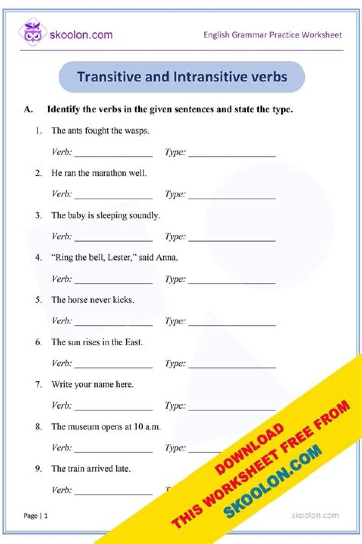 Free Transitive and Intransitive Phrasal Verbs Worksheets PDF – Instant Download