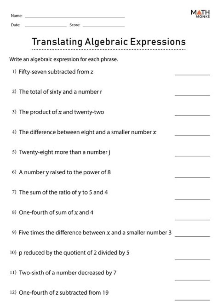 Translating Algebraic Expressions Worksheets PDF – Instant Download