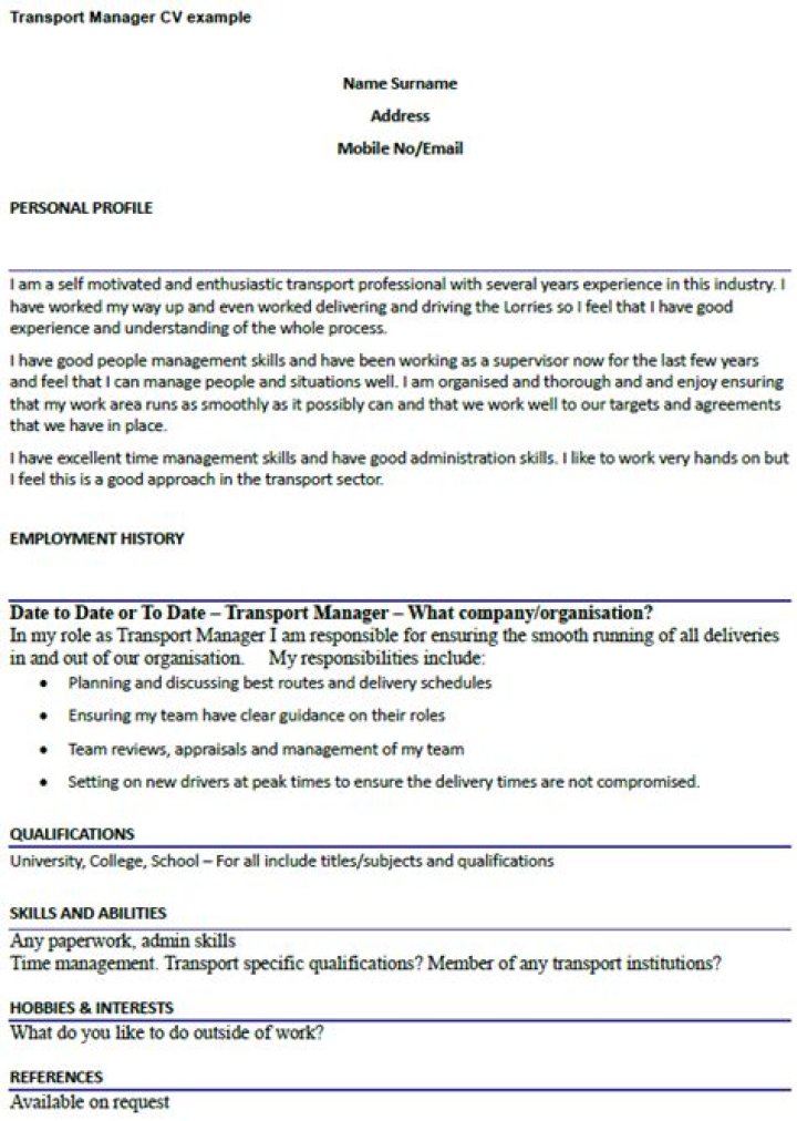 Transport Manager CV PDF for Hiring Success