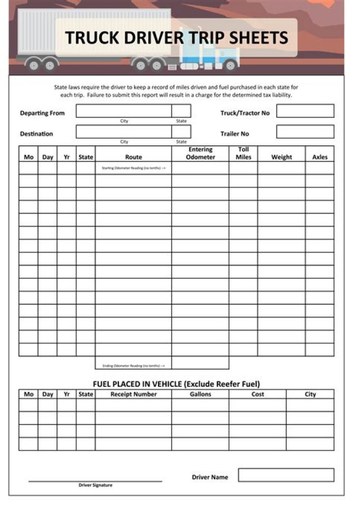Trip Sheet for Truck Driver PDF – Download Free Work Log Template