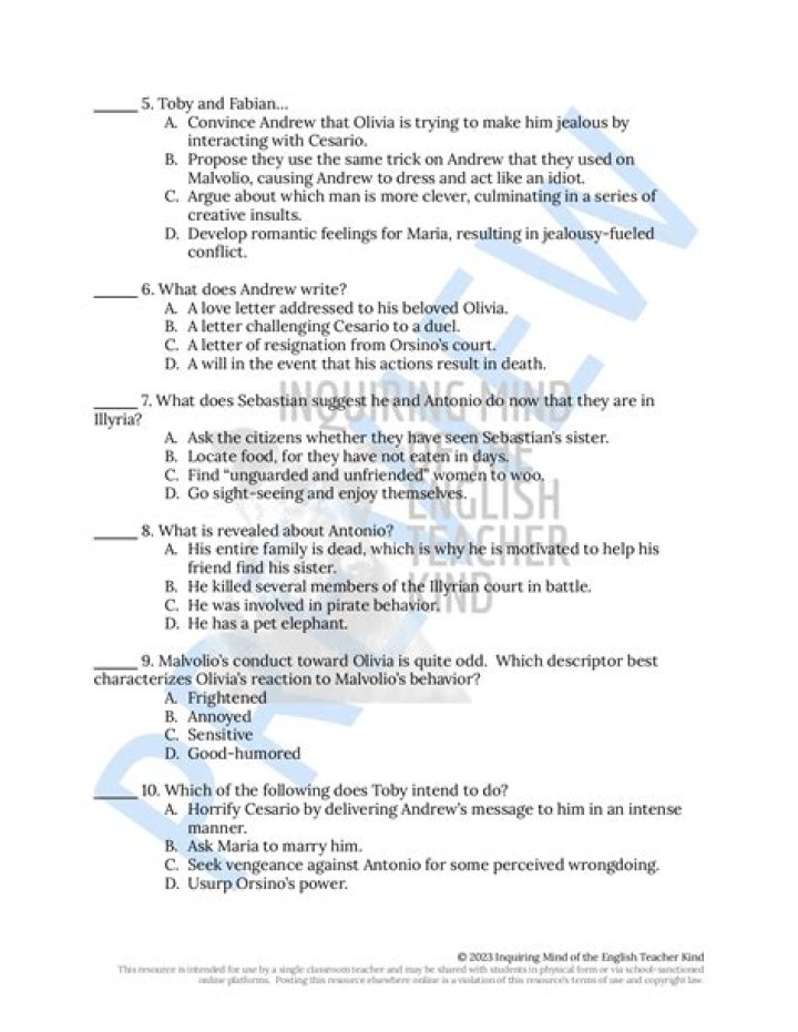 Twelfth Night Questions and Answers PDF: Study Guide & Full Answers