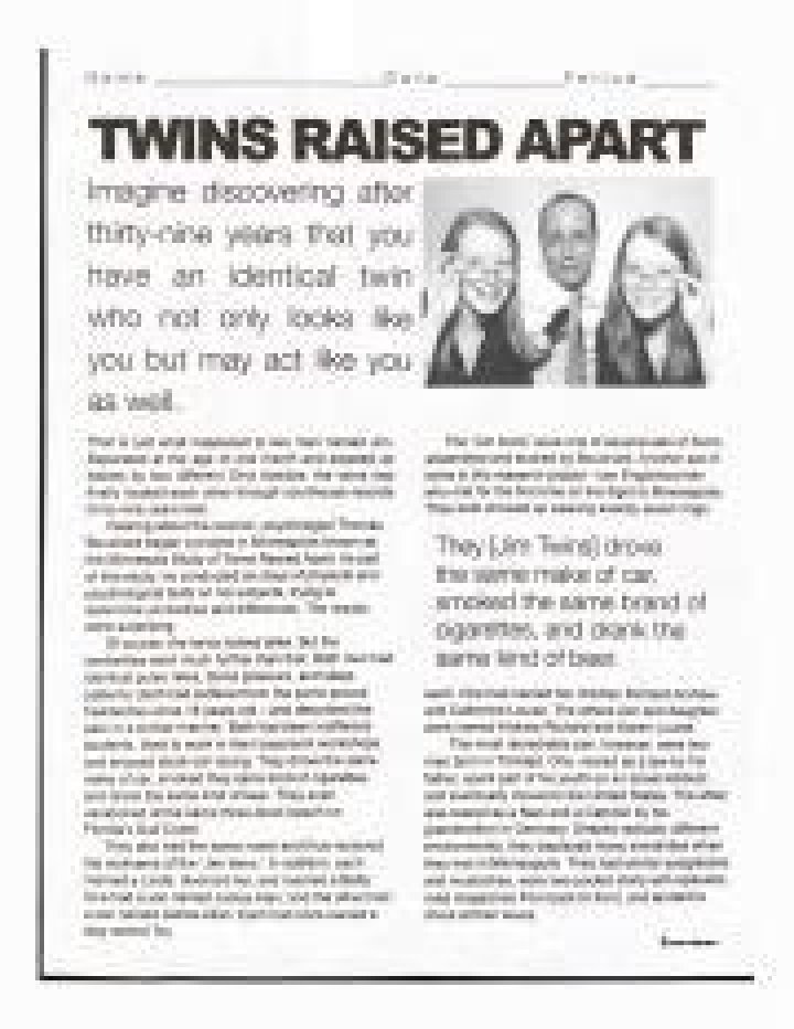 Twins Raised Apart Worksheet Answers PDF – Free Educational Resource