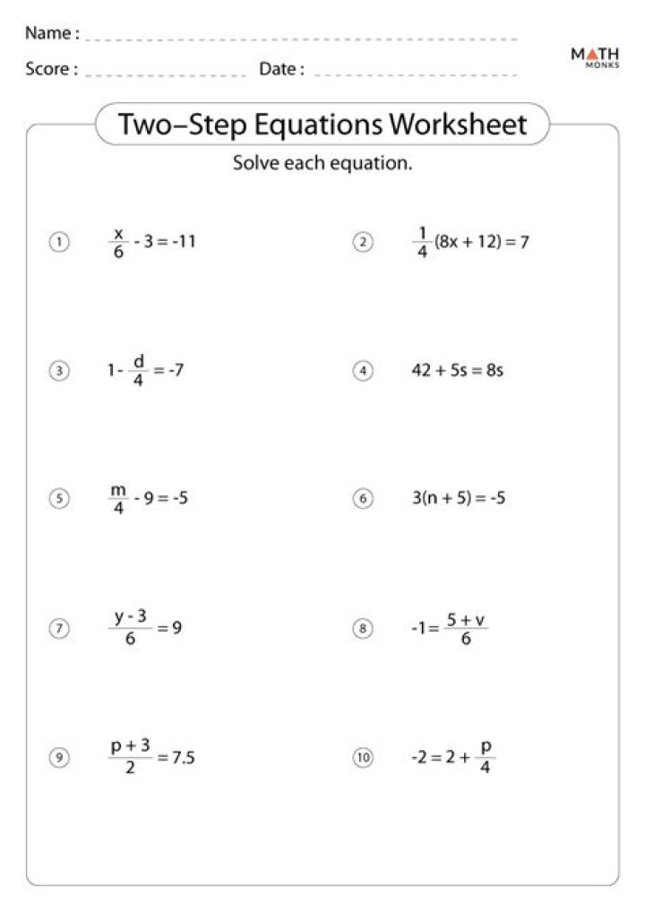 Two-Step Equations Worksheet PDF for 7th Grade
