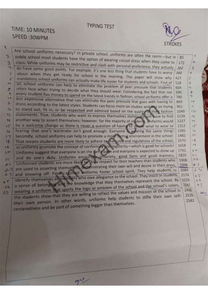 Free Typing Test Sample Paper PDF for Practice & Improvement