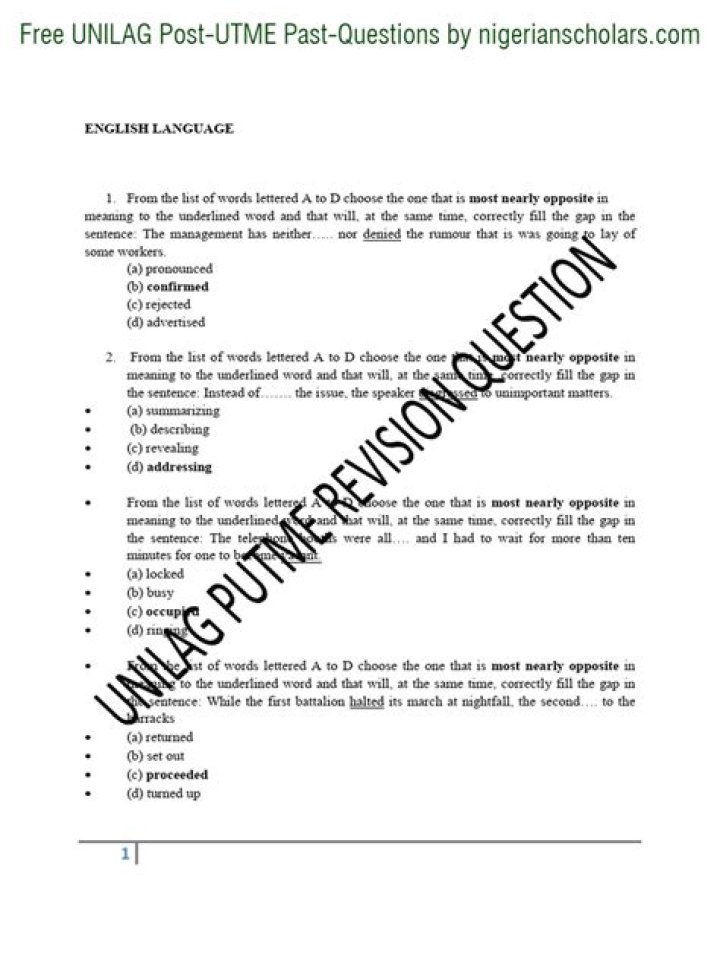 Unilag Post UTME Past Questions PDF Free Download - Past Papers