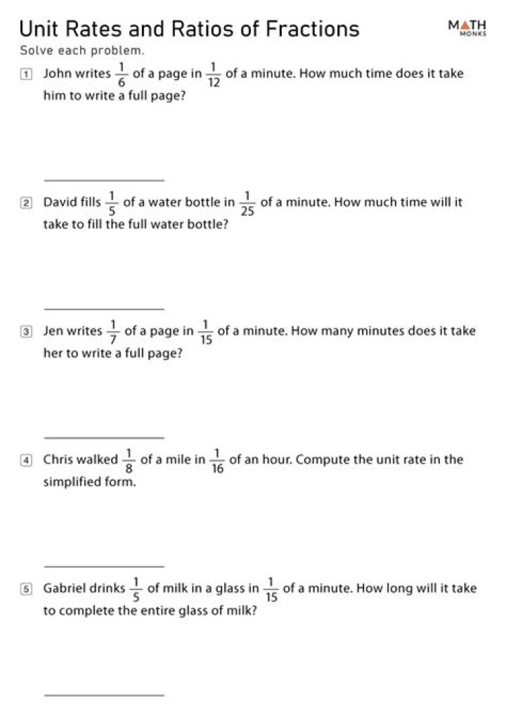 Free Unit Rates with Fractions Worksheet PDF – Instant Download