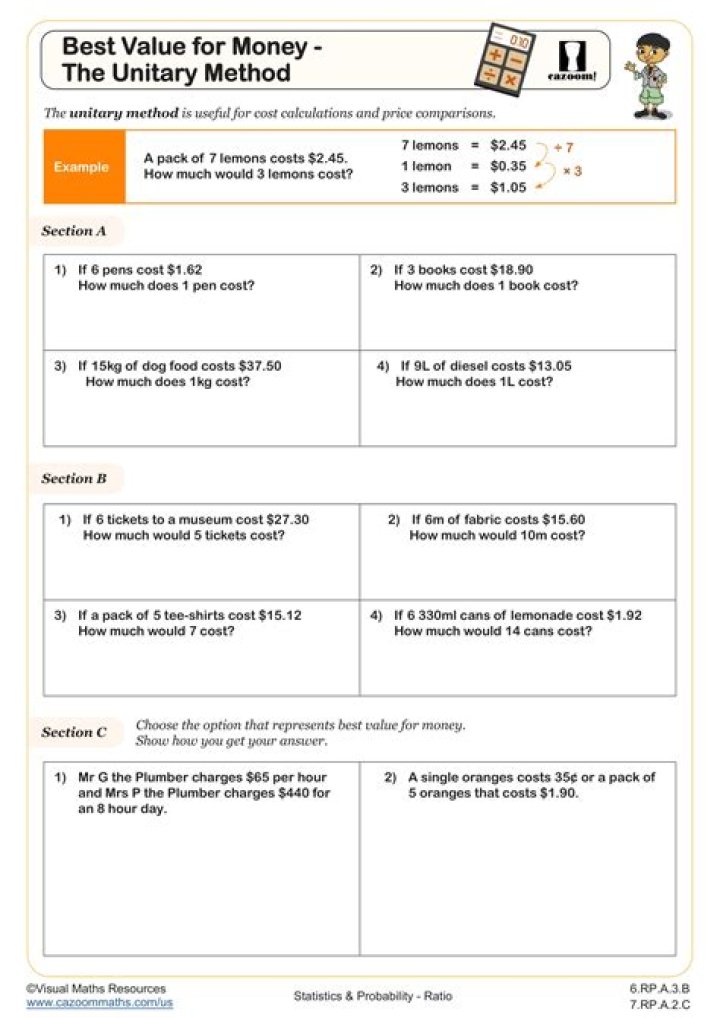 Unitary Method Questions for Class 6 PDF Download