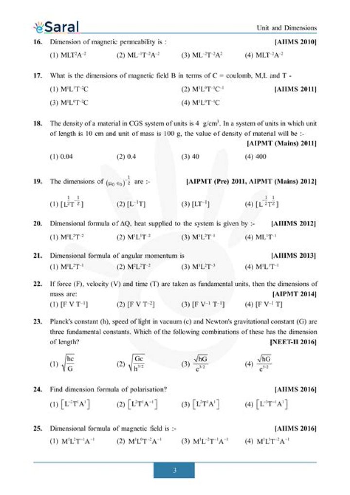 Units and Dimensions NEET Questions PDF – Best Study Resource