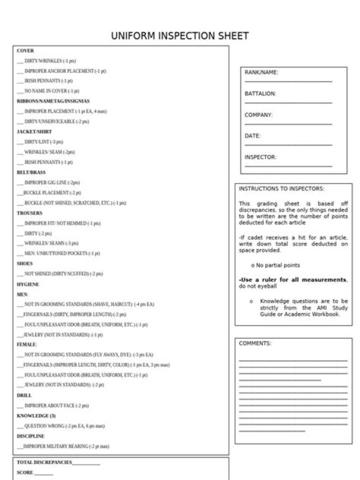 USMC Uniform Inspection Sheet PDF for Maintenance & Compliance