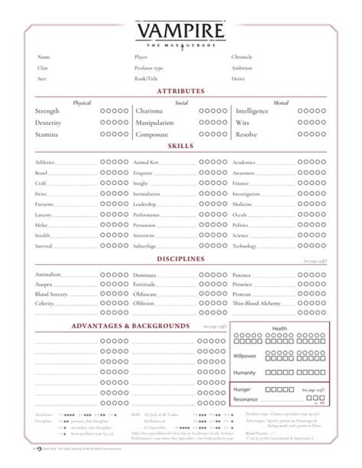 Vampire Masquerade Character Sheet PDF for Roleplayers