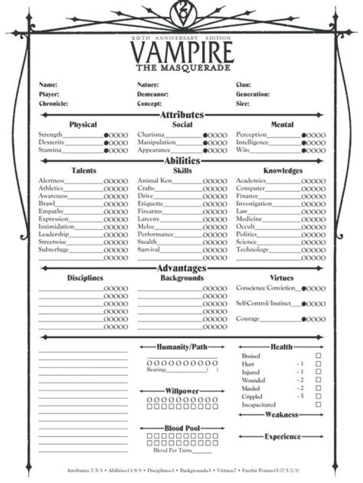 Vampire: The Masquerade 20th Anniversary Edition Character Sheet PDF