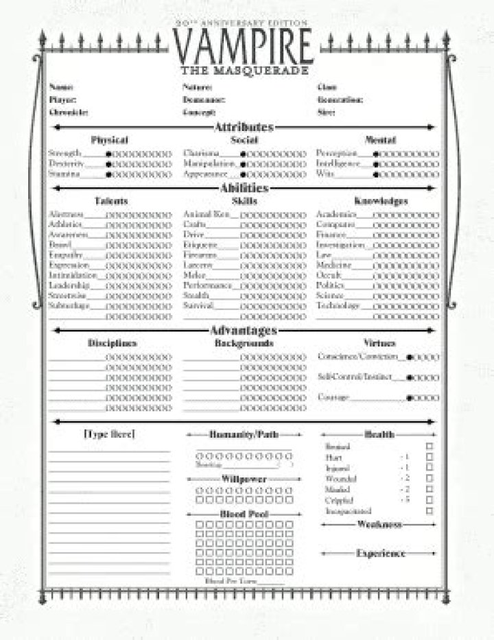 Vampire: The Masquerade 2nd Edition Character Sheet PDF – Download Complete Guide