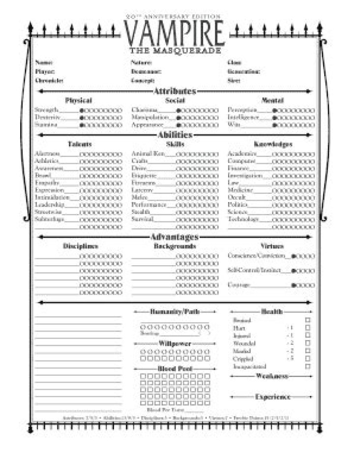 Vampire the Masquerade 3rd Edition Character Sheet PDF for Instant Play