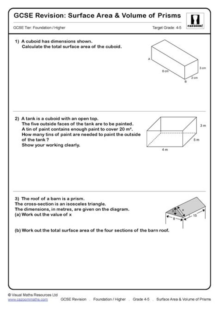 GCSE Exam Revision: Volume and Surface Area Questions PDF
