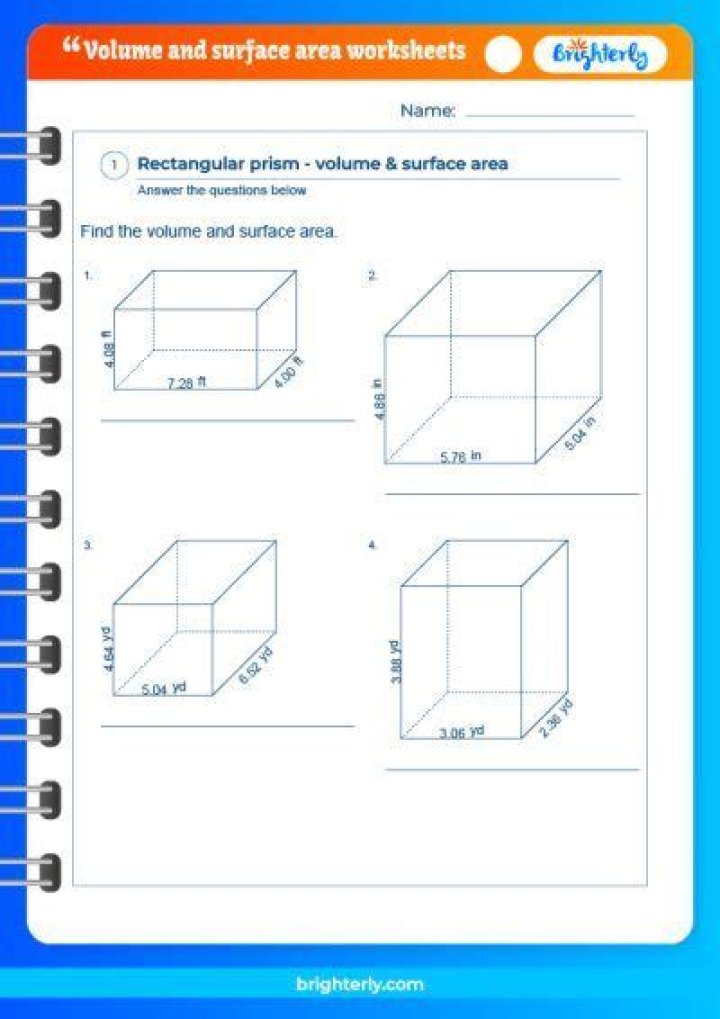 Grade 7 Volume & Surface Area Worksheets in PDF Format