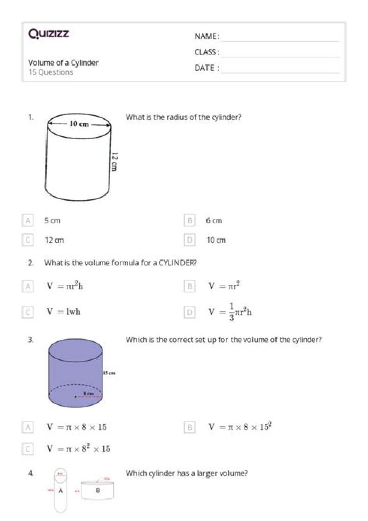 8th Grade Volume of a Cylinder Worksheet PDF – Practice Problems & Answers