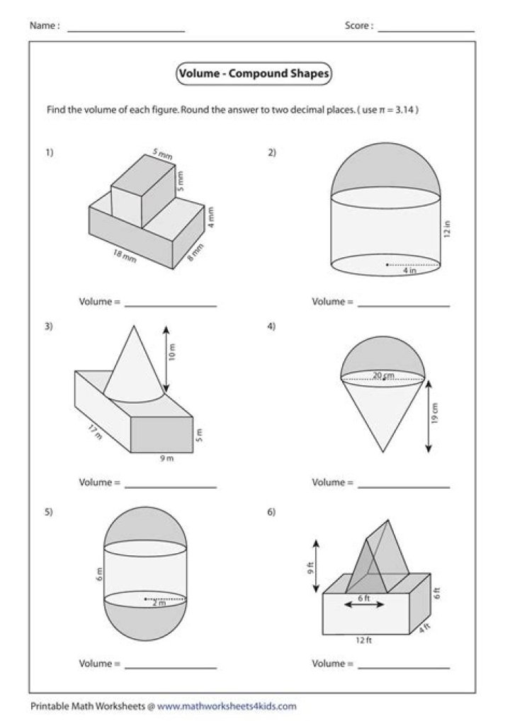 Free Printable Volume of Composite Shapes Worksheet PDF