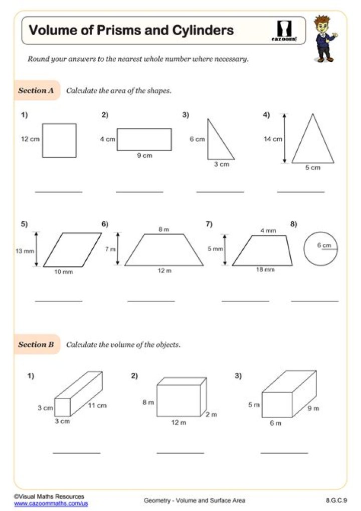 Volume of Prisms and Cylinders Worksheet with Answers PDF