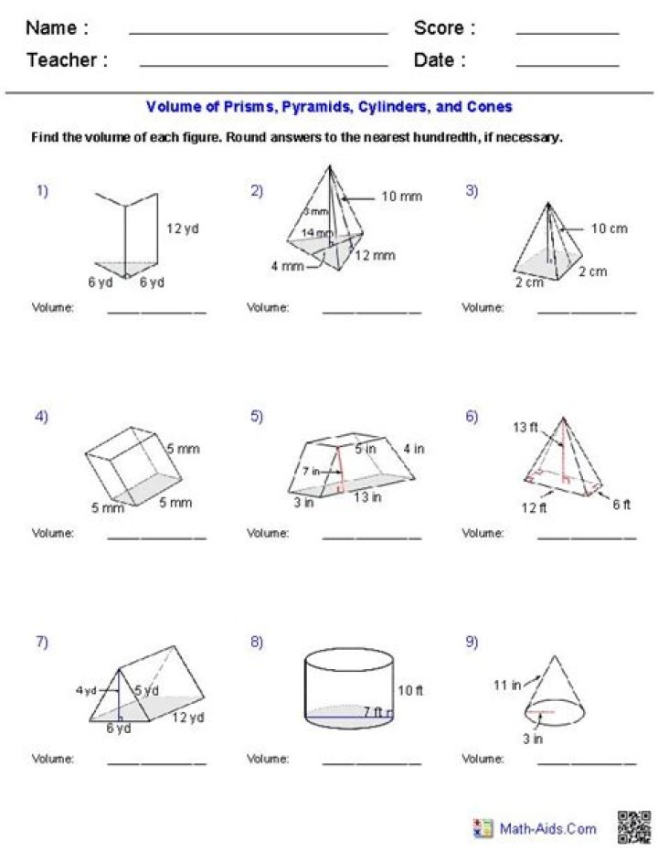 Printable PDF Worksheet: Volume of Prisms, Cylinders, Cones, Pyramids & Spheres