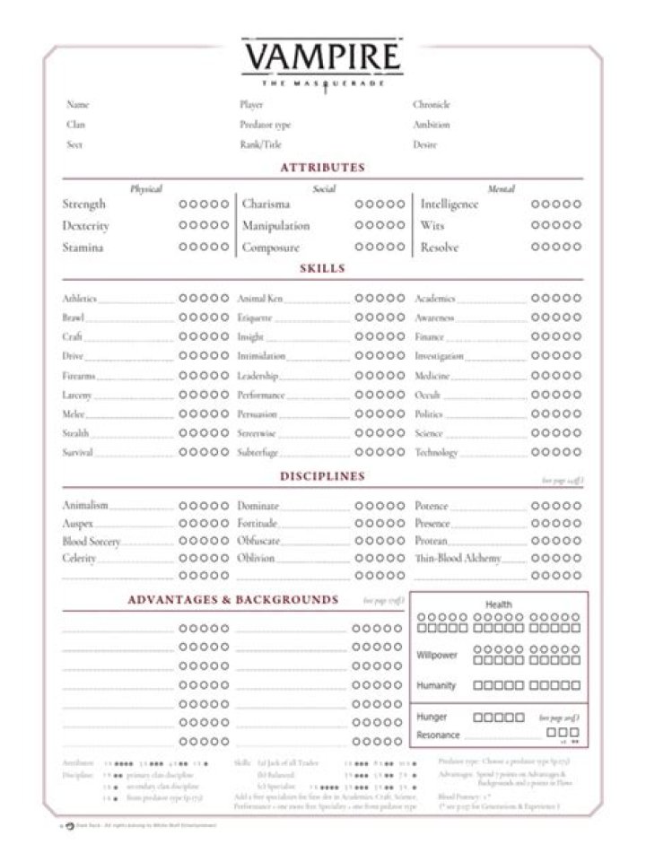 Download Free VTM 5E Character Sheet PDF for Dungeon Masters