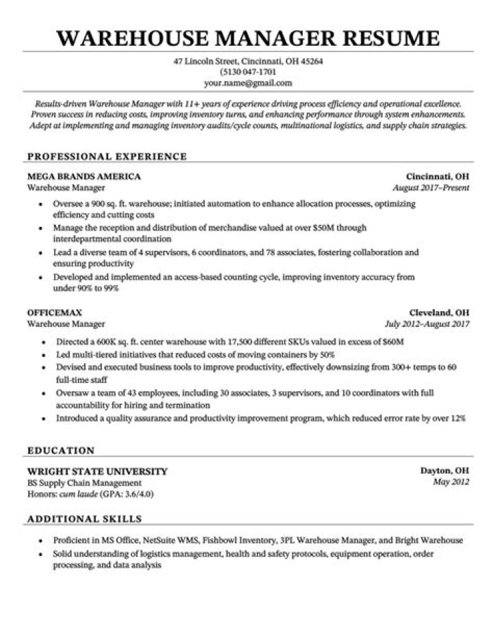 Warehouse Manager Resume PDF – Tailored for Hiring Managers