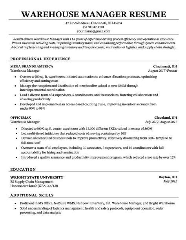 Warehouse Manager Resume Sample PDF – Download Now