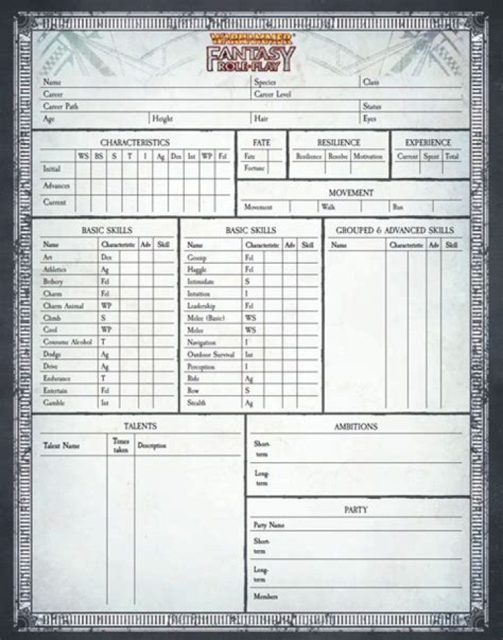 Warhammer Fantasy Roleplay Character Sheet PDF – Instant Download