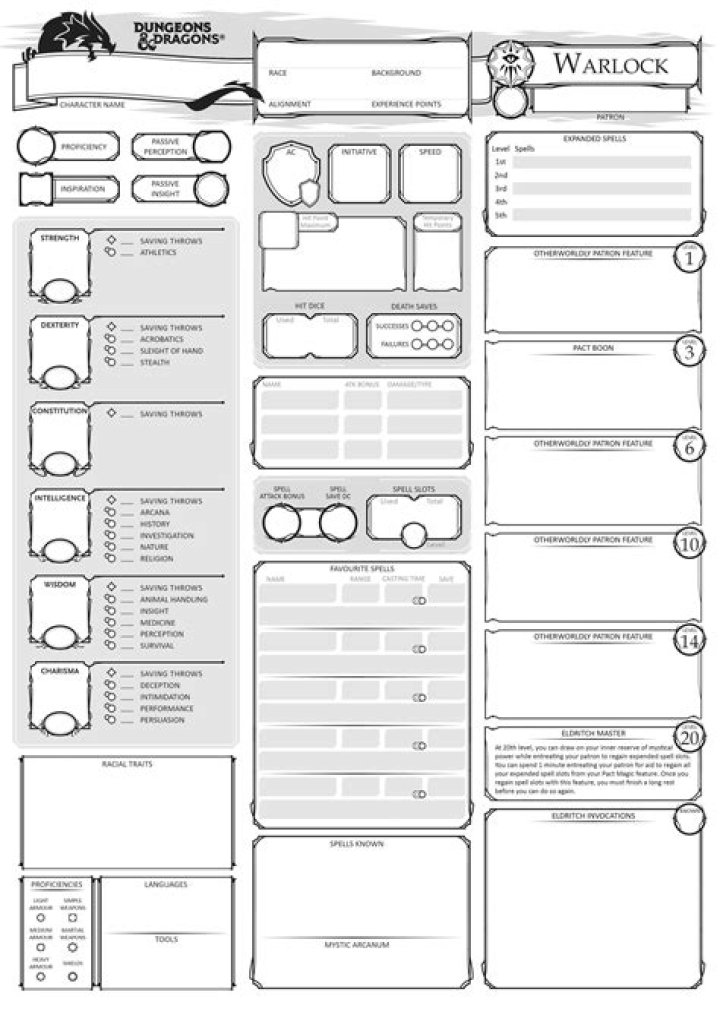 Warlock 5e Character Sheet PDF – Printable Template for Dungeons & Dragons