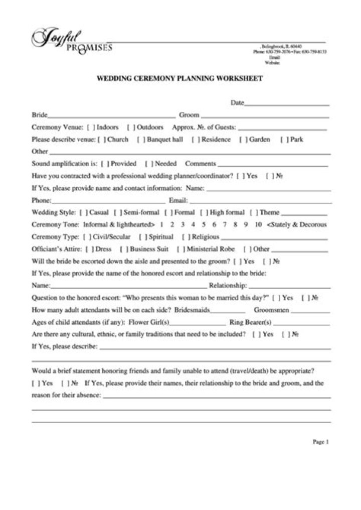 Wedding Ceremony Ceremony Worksheet PDF – Download Free Template