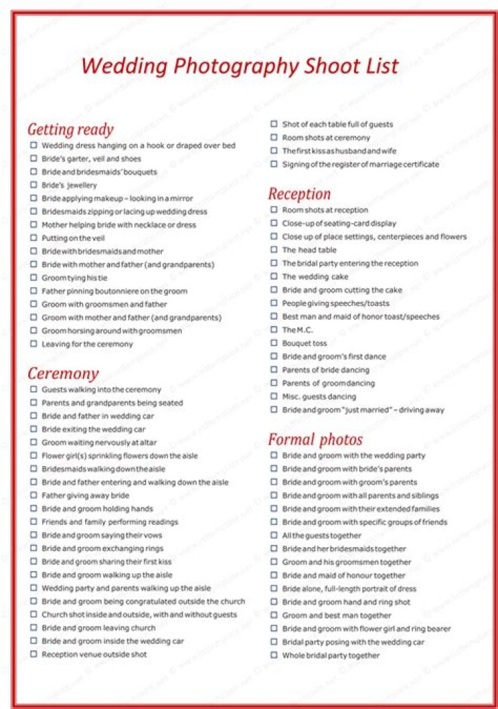 Wedding Photographer Shot List PDF – Perfect Coverage Checklist