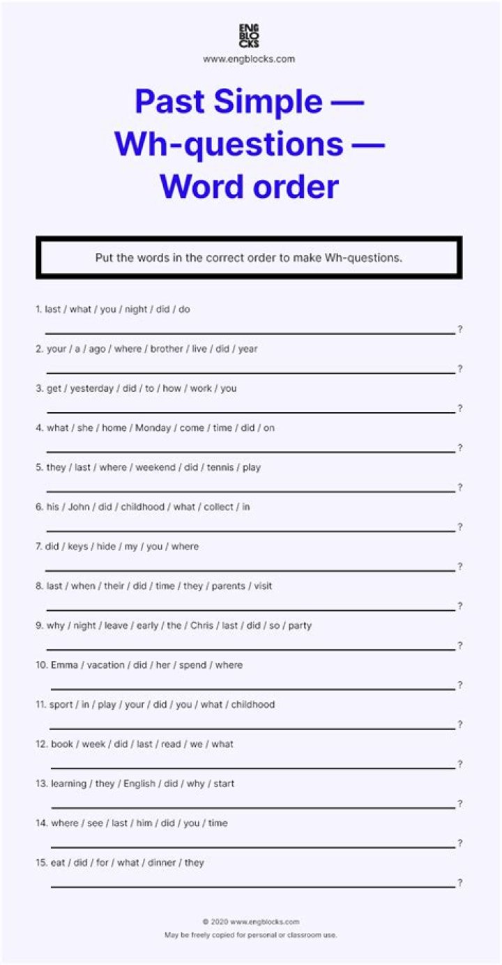 Free Wh- Questions Past Simple Worksheets PDF for ESL Students