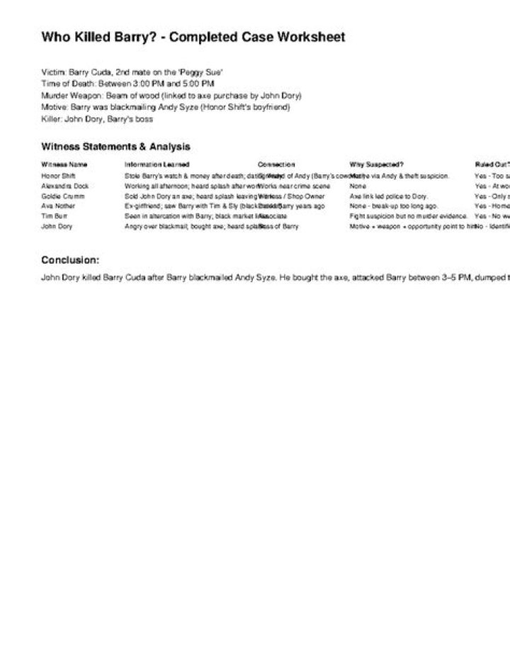 Who Killed Barry Cuda? Answer Key PDF Revealed