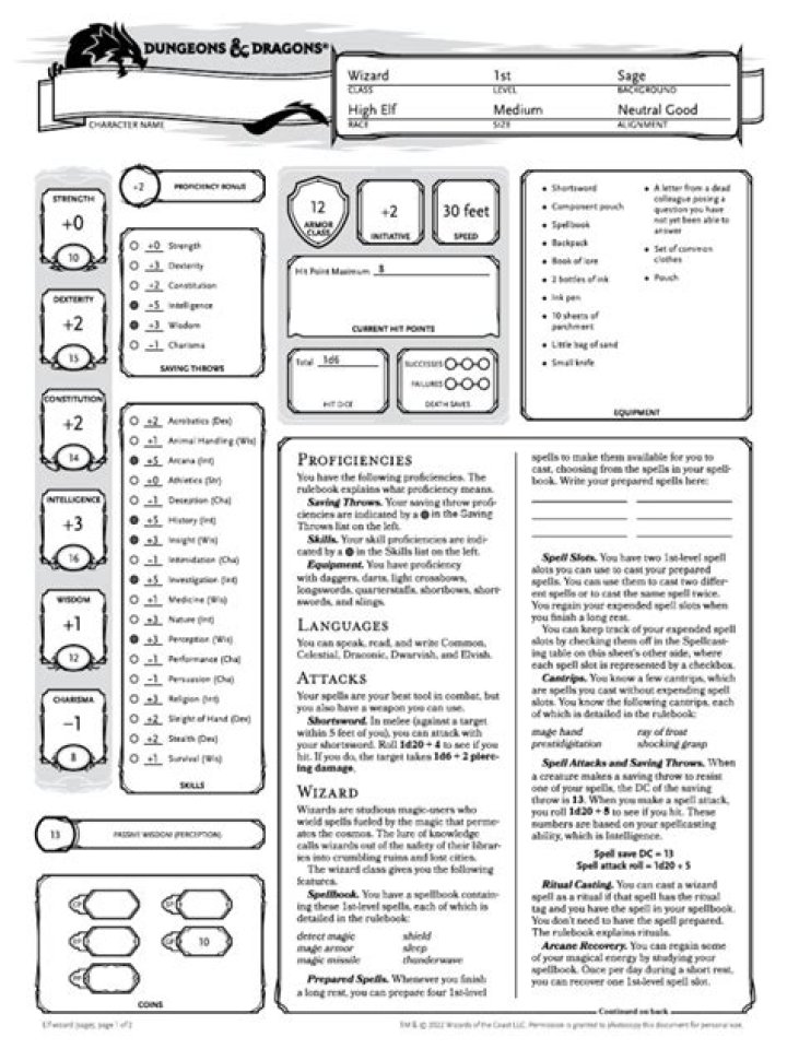 Wizard Character Sheet 5e PDF – Free Downloadable Template