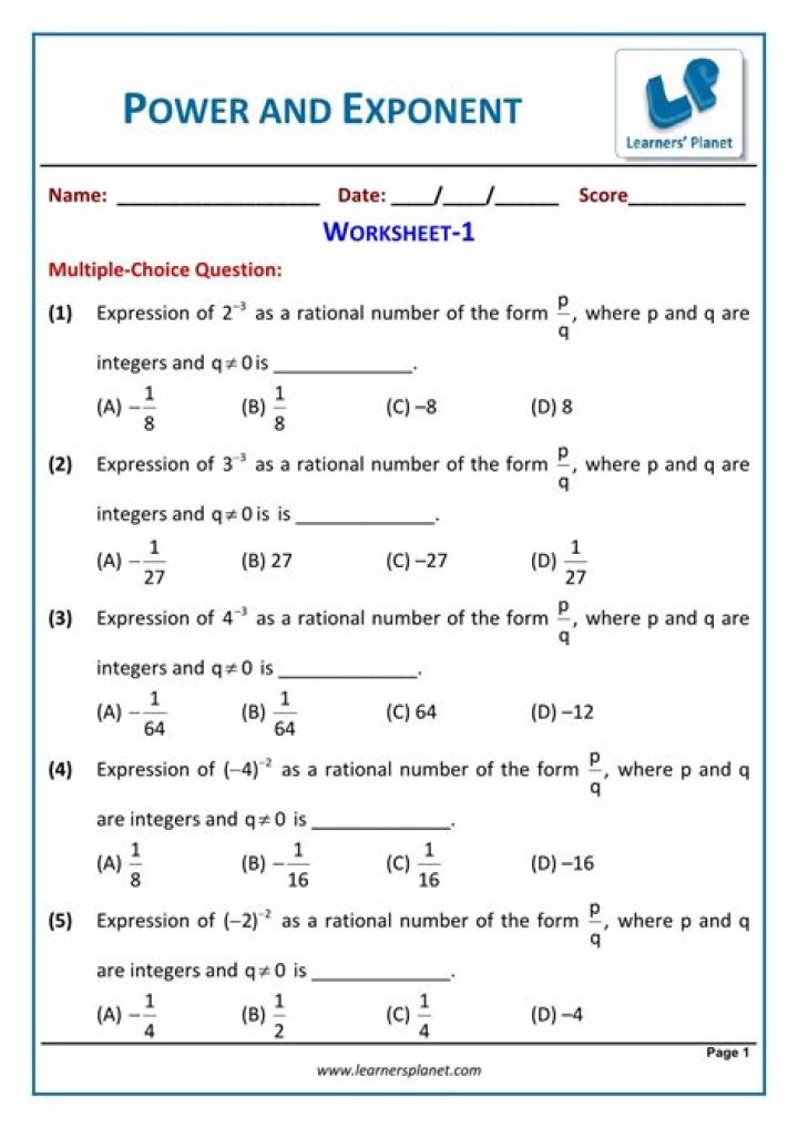 Free Exponents and Powers Class 7 Worksheet PDF Download