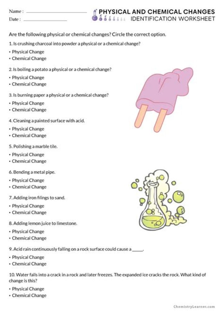 Class 7 Worksheet: Physical and Chemical Changes Worksheet PDF