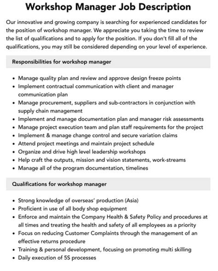 Workshop Manager Job Description PDF: Full Guide & Template