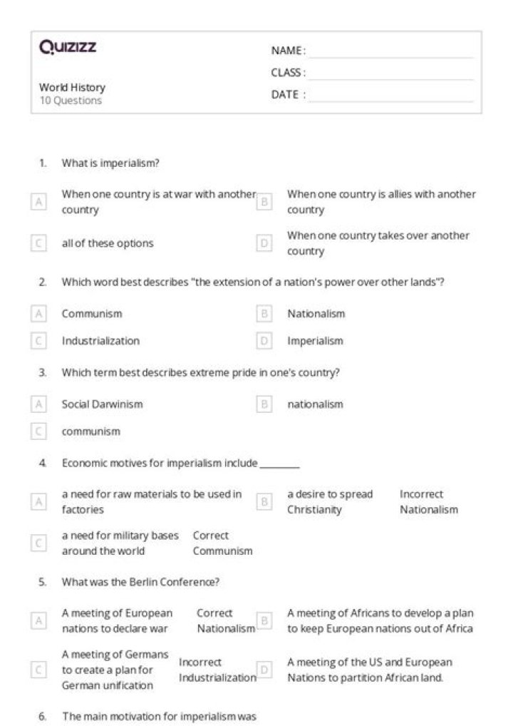 World History Worksheets for 10th Grade PDF – Free Printable Study Resources