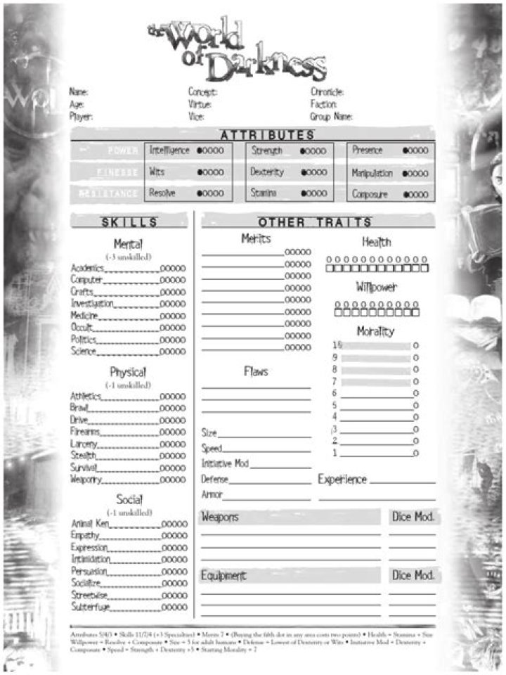 World of Darkness Character Sheet PDF for Fans