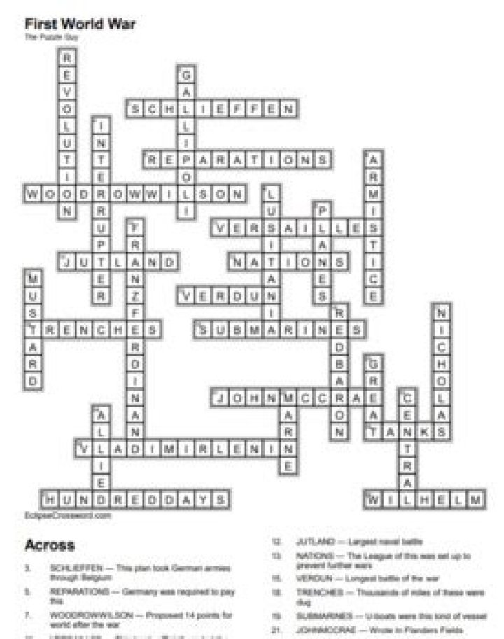 World War 1 Crossword Puzzle Answer Key PDF Download