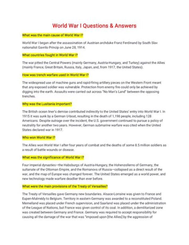 World War 1 Questions and Answers PDF – Expert Study Guide