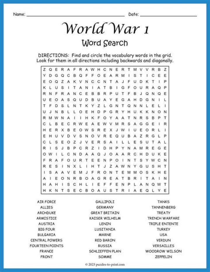 World War 1 Word Search Answer Key PDF – Free Download