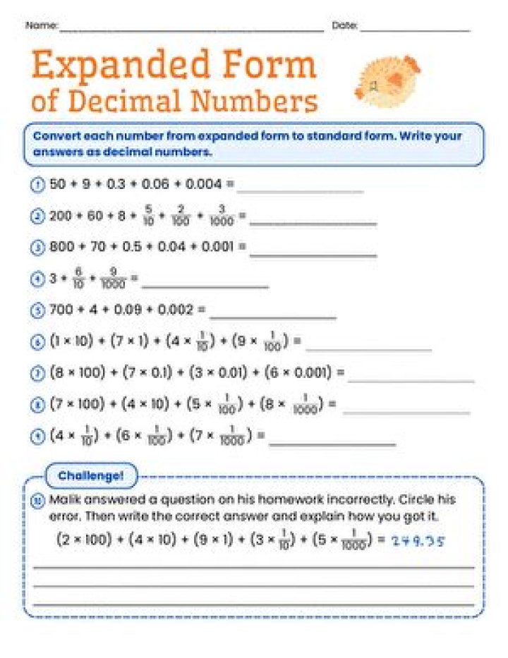 5th Grade Decimal Expanded Form Worksheet PDF – Practice Writing Decimals Clearly