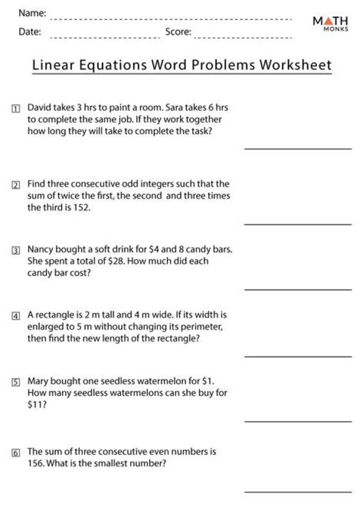 7th Grade Writing Equations from Word Problems Worksheet PDF