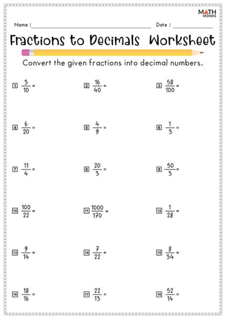 Free Writing Fractions as Decimals Worksheet PDF for Easy Learning