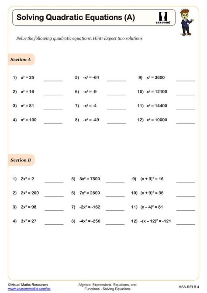 Free Writing Quadratic Equations Worksheet PDF Download