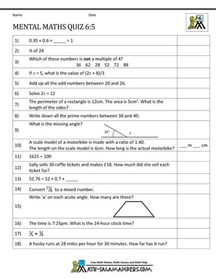 Year 6 Mental Maths Test PDF Practice Tests & Worksheets